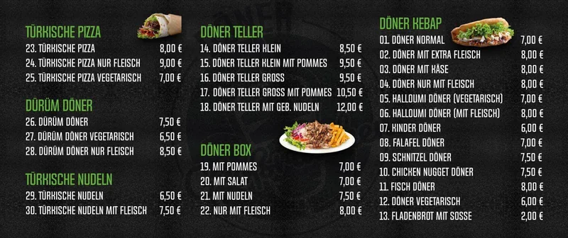Flyer Seite 1: Türkische Pizza, Dürüm Döner, Türkische Nudeln, Döner Teller, Döner Box und Döner Kebap mit Preisen