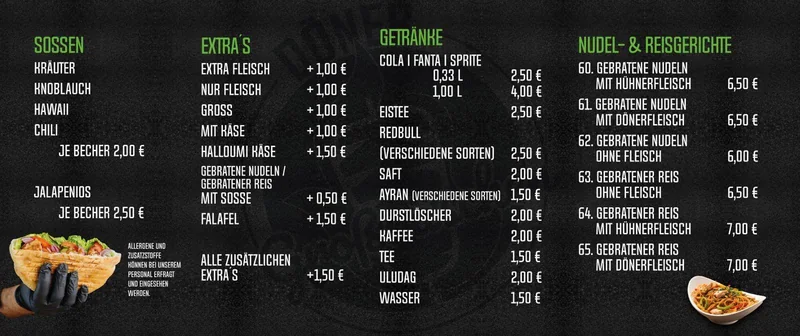 Flyer Seite 2: Soßen, Extras, Getränke sowie Nudel- und Reisgerichte mit Preisen