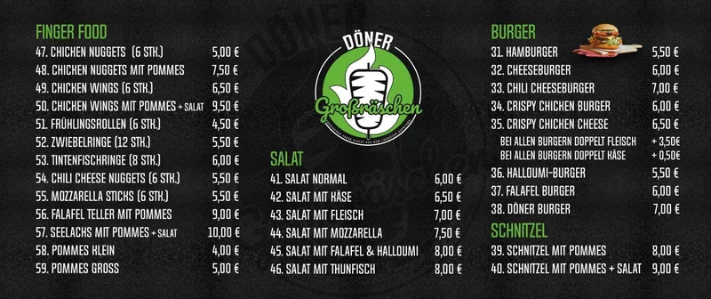 Flyer Seite 3: Finger Food, Salat, Burger und Schnitzel mit Preisen